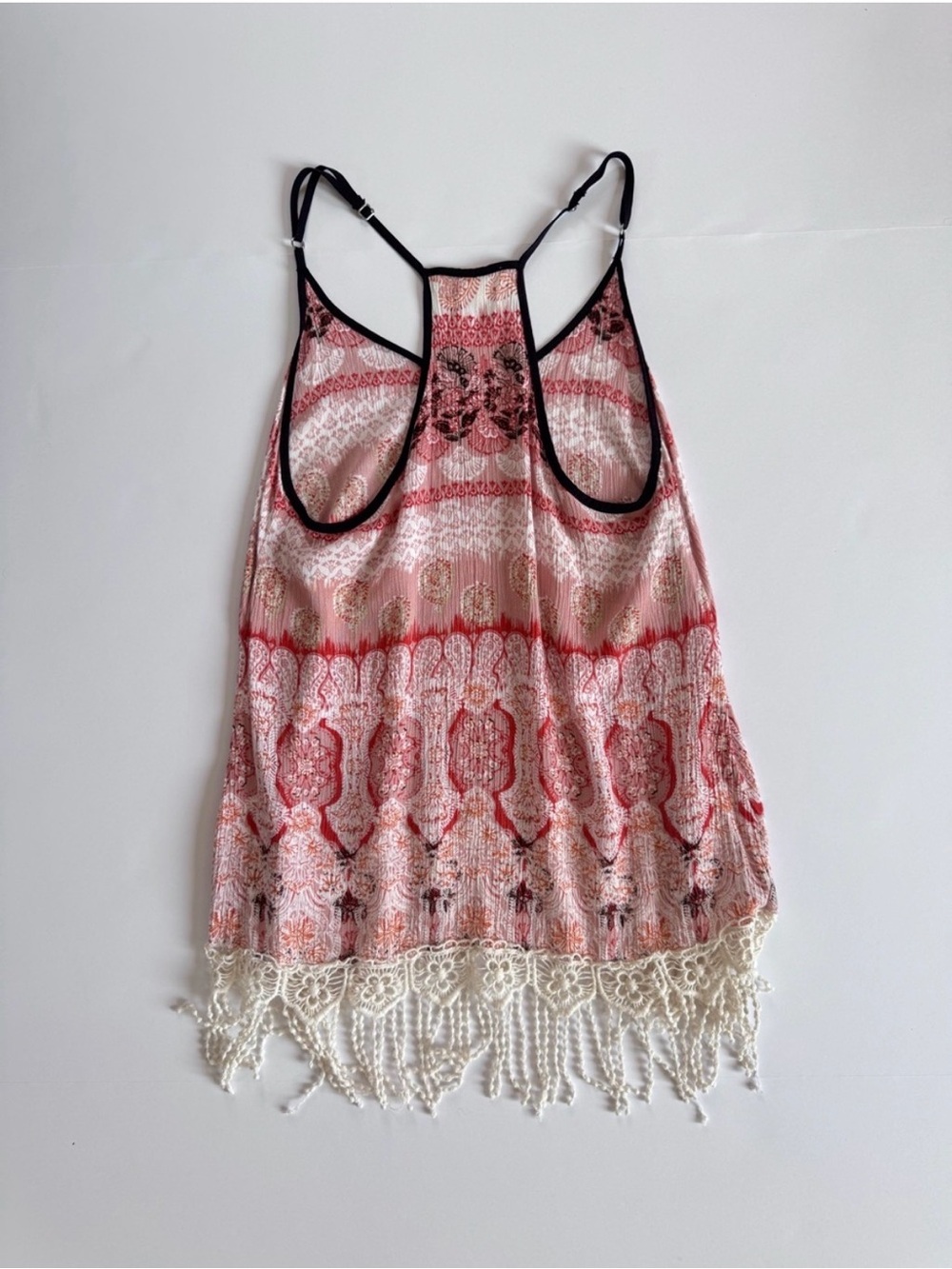 Love Tree Boho Pink and Orange Patterned Fringe Lace Hem Camisole,Size Small - Picture 3 of 7